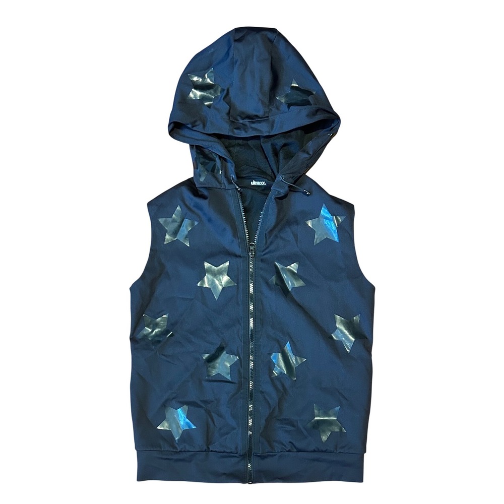 Ultracor Womens Black Star Print Hooded Sleeveless Full Zip Vest Size S USA Made - Picture 3 of 8